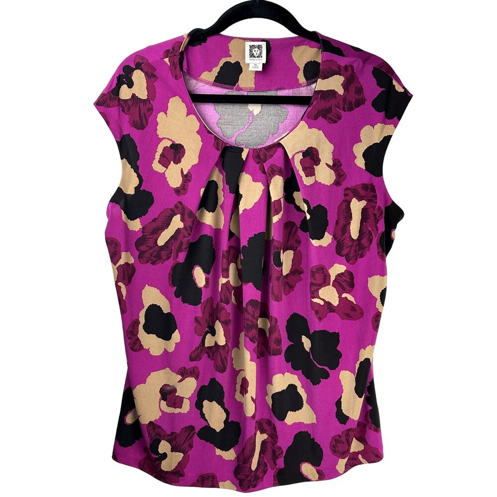 Anne Klein Women Size XL Artsy Floral Type Sleeveless Pleated Scoop Neck Top